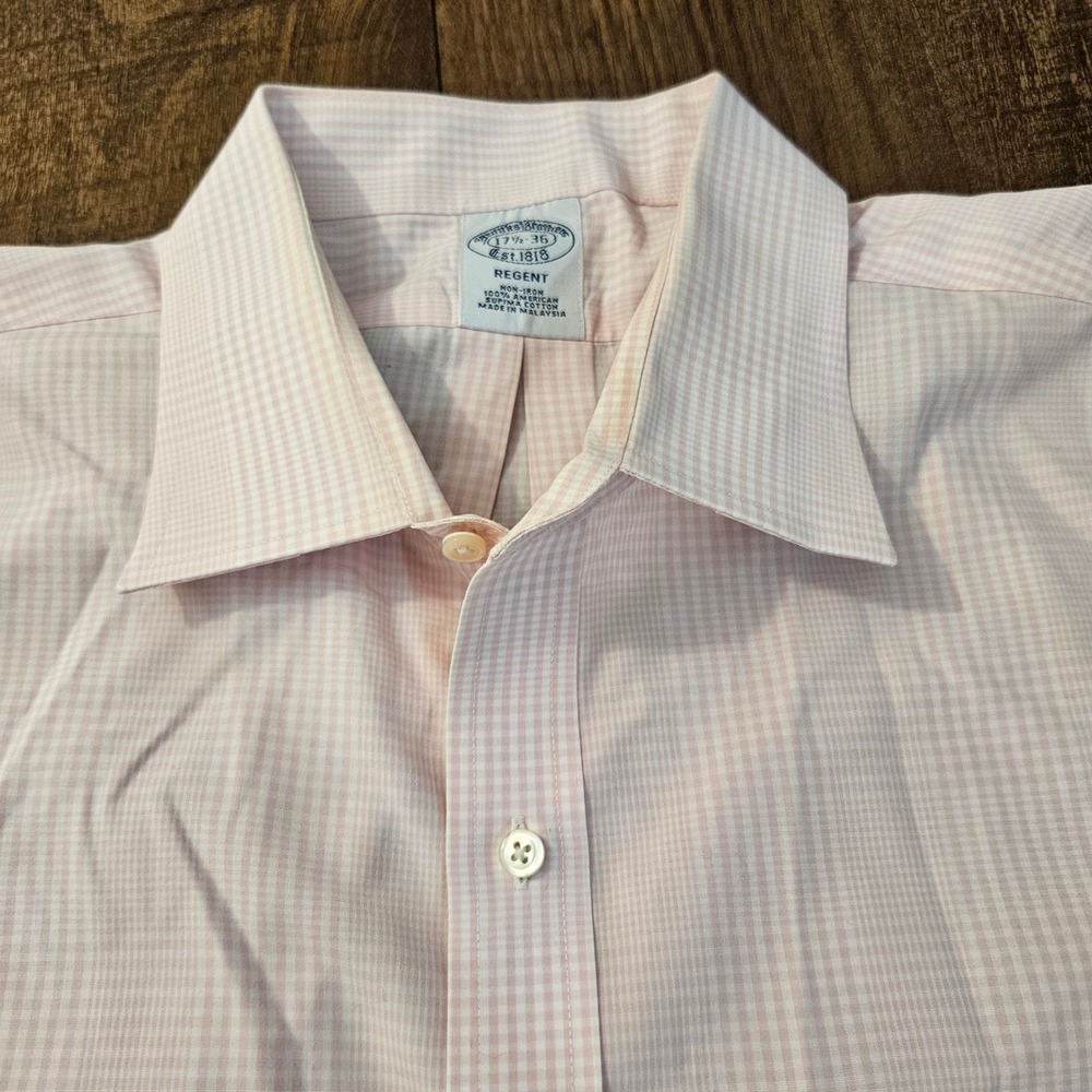 Brooks Brothers Regent Dress Shirt Mens 17.5-36 Pink Checkered Non-Iron Supima
